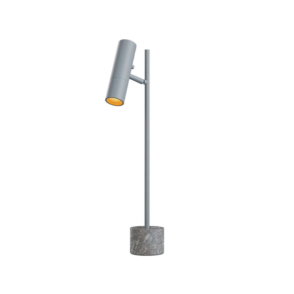 Grey aluminum table lamp with marble base and warm light, sleek and modern design.