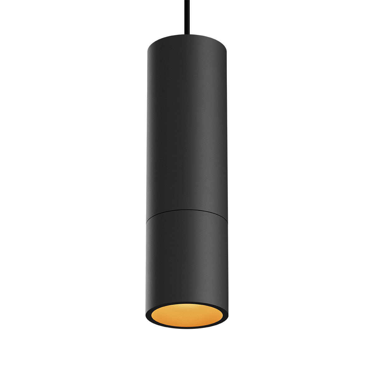 Black aluminum Expo Pendant light with a slim cylindrical shape and long black cord.