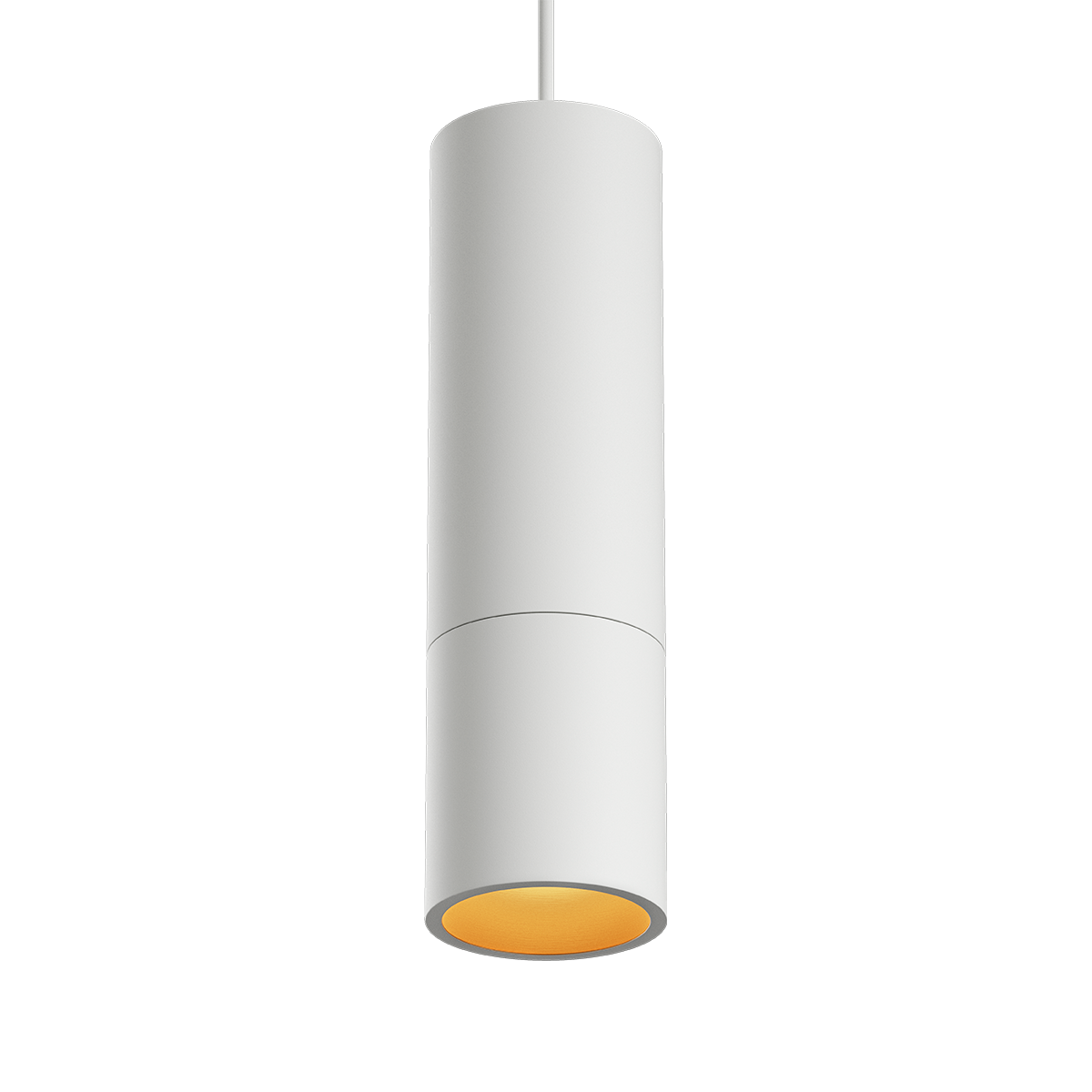 White aluminum Expo Pendant light with slim cylindrical design and long white cord.