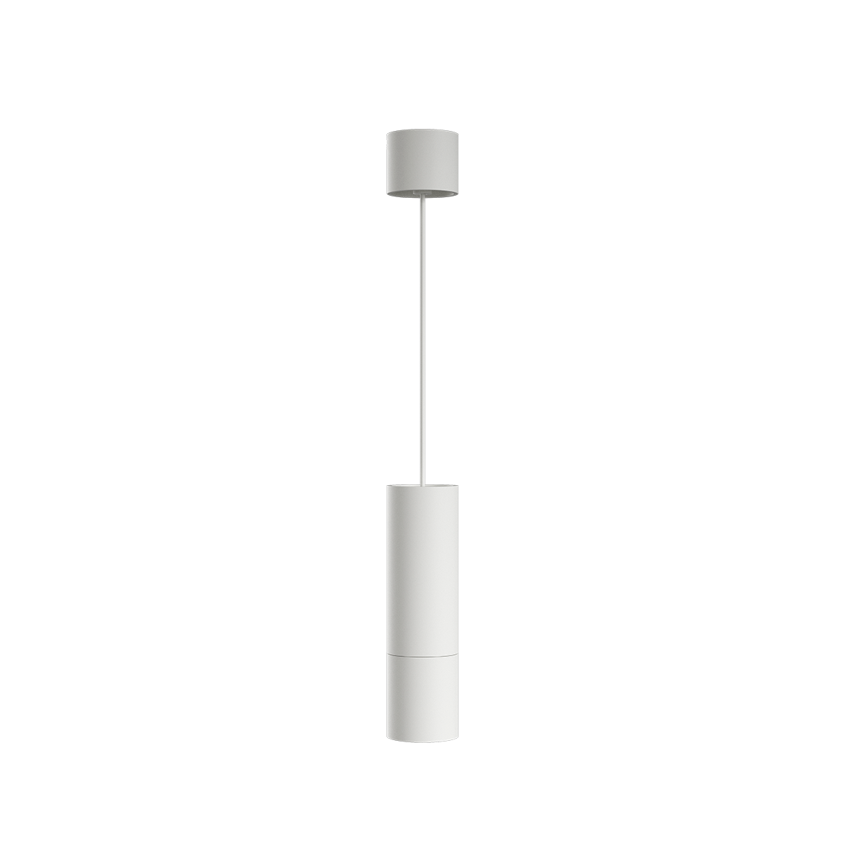 White Expo Pendant light with slim aluminum design and long white cord hanging against a plain background