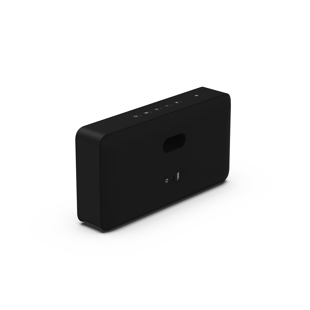 Move 150 Bluetooth speaker in steel color with fabric front panel and leather details.