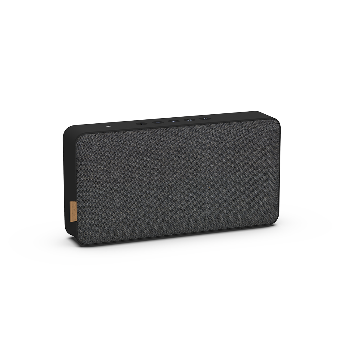 Steel-colored Move 150 Bluetooth speaker with Fiord fabric and leather details on a white background