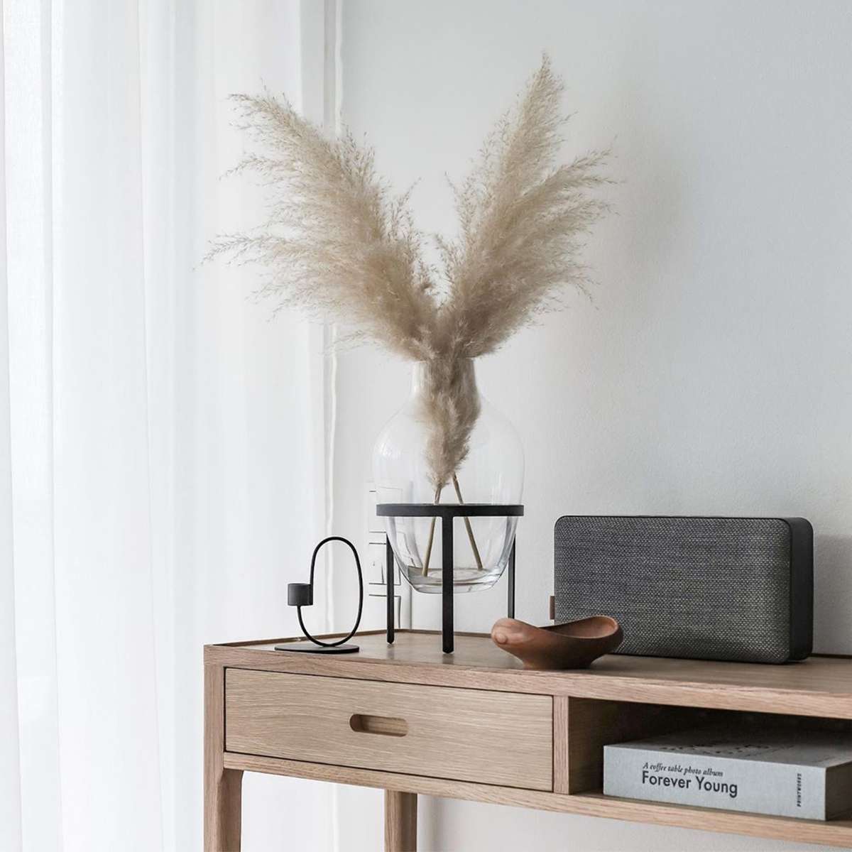 Move 150 Bluetooth speaker in steel color with Fiord fabric and leather details on a white background.