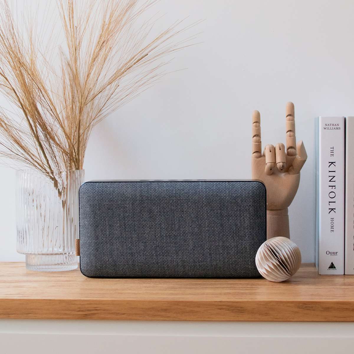 Move 150 Bluetooth speaker in steel color with Fiord fabric and leather details on a white background