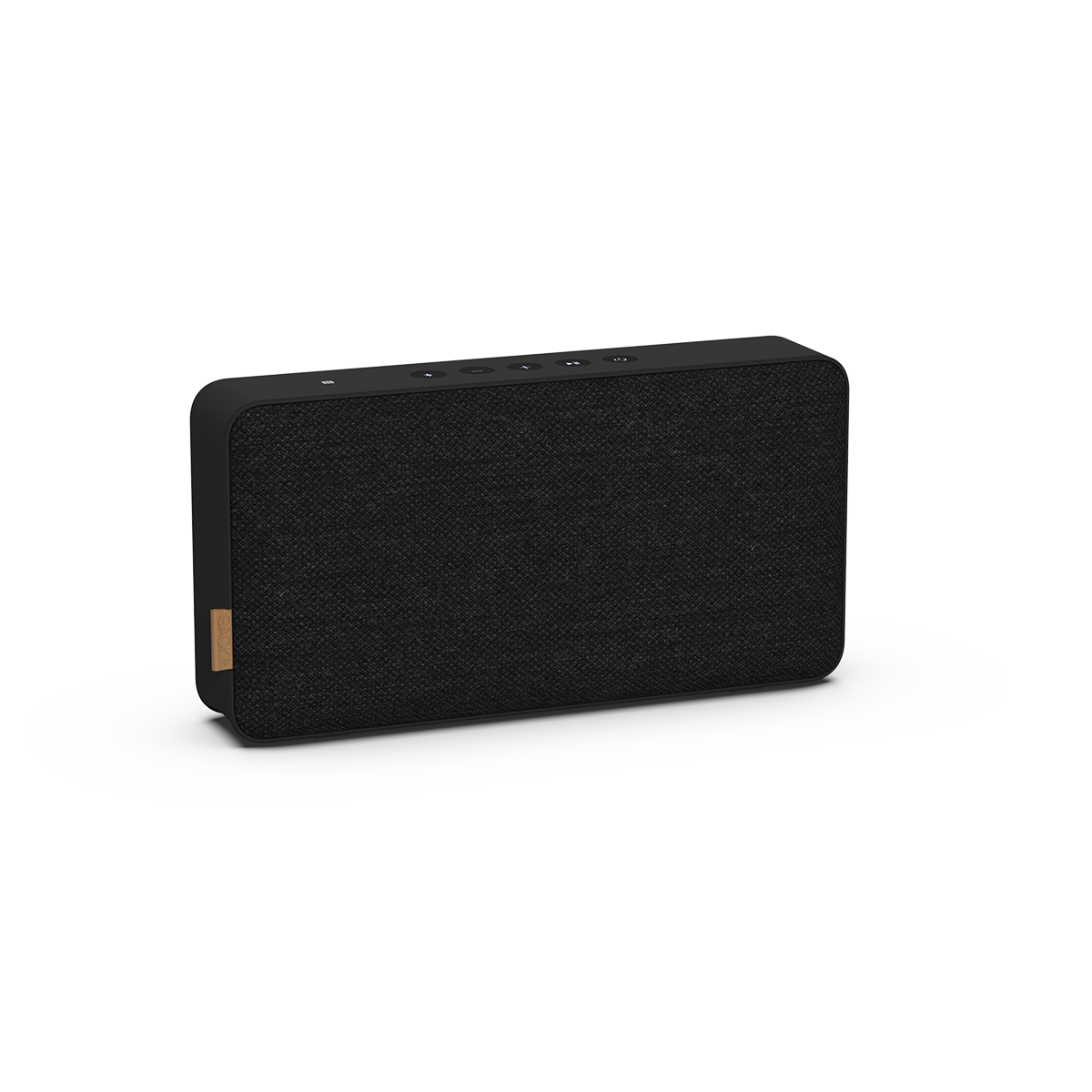 Black Move 150 Bluetooth speaker with Fiord fabric front panel and leather details on a white background