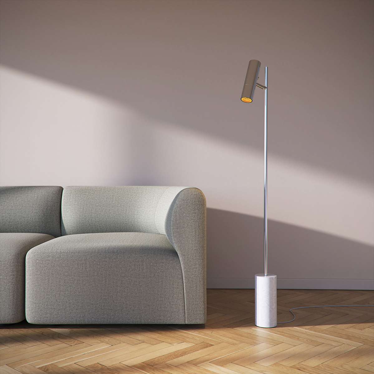 Polished Expo Floor lamp with aluminum body and marble base standing on a floor.