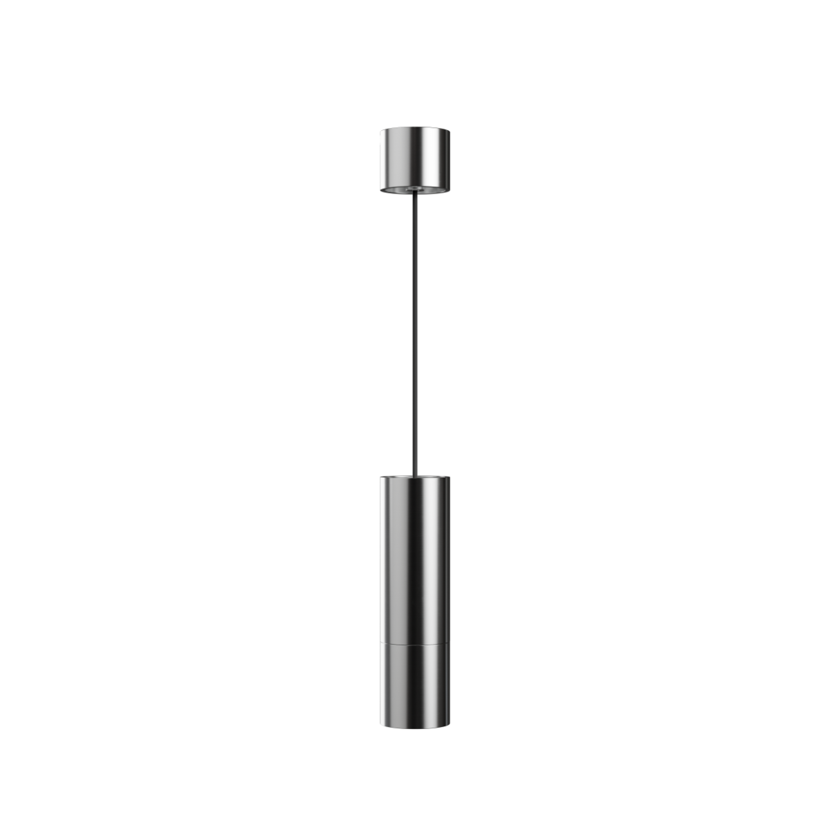 Polished aluminum Expo Pendant light with a slim cylindrical design and long black cord.