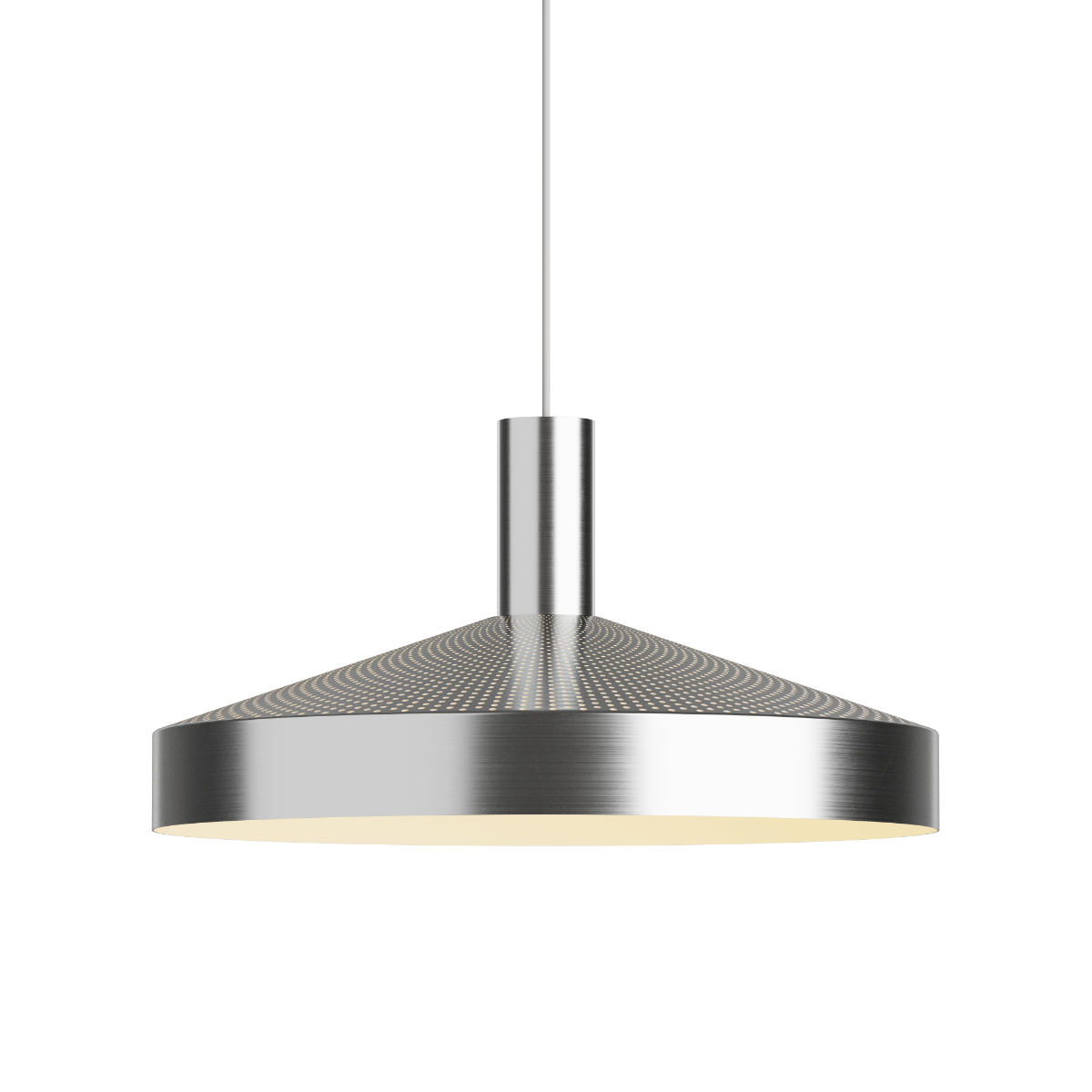 Polished aluminum Dawn Pendant Ø40 with perforated top and white inner shade hanging on matching wire