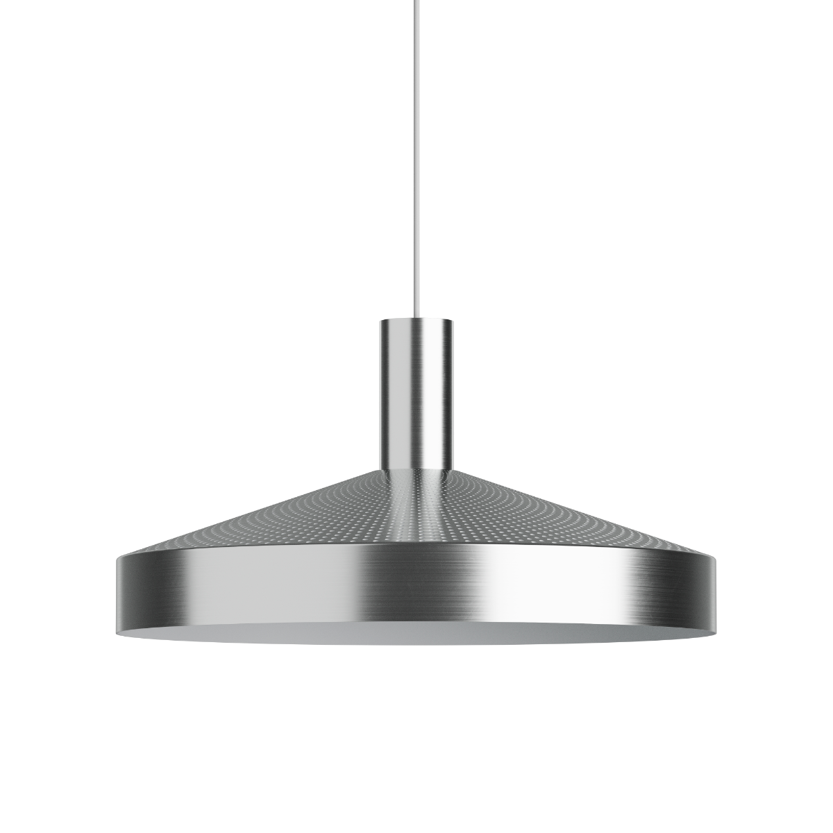 Round pendant light with perforated top and kinked edge, made of polished aluminum.