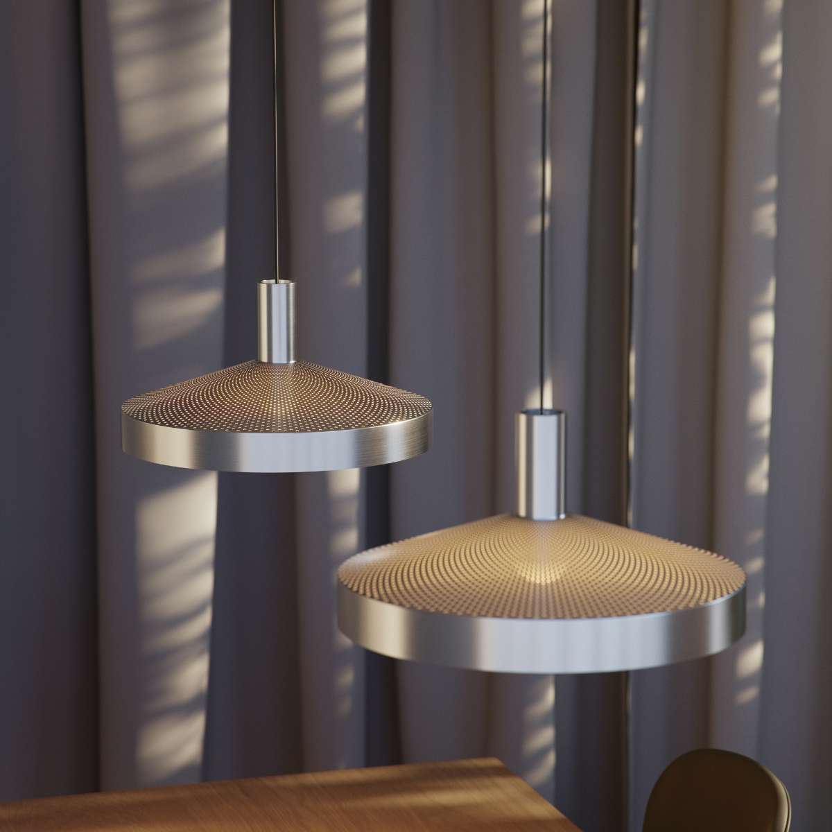 Polished aluminum Dawn Pendant Ø40 with perforated top and white inner shade hanging indoors
