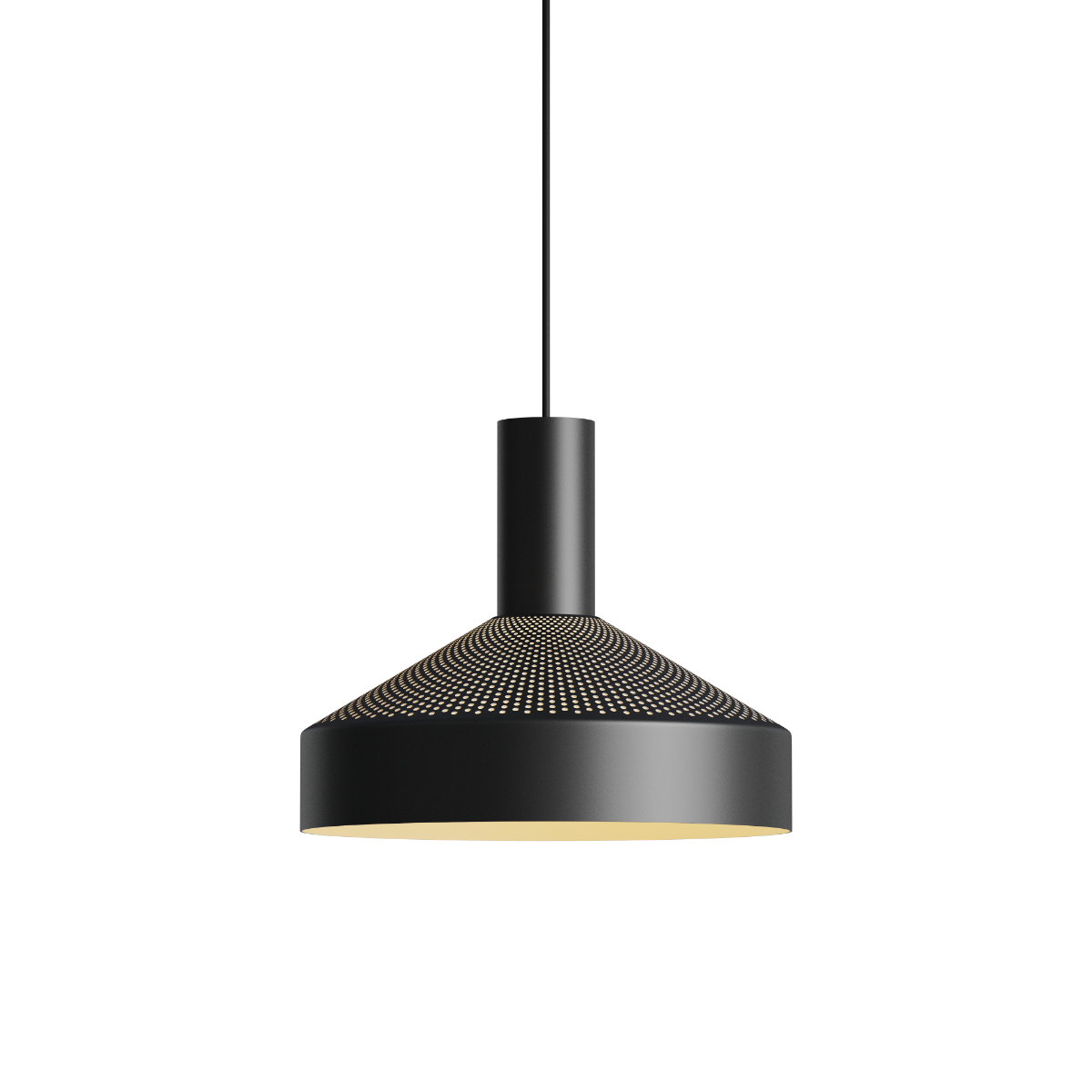 Black Dawn Pendant Ø25 with perforated top and white inner shade hanging on black wire