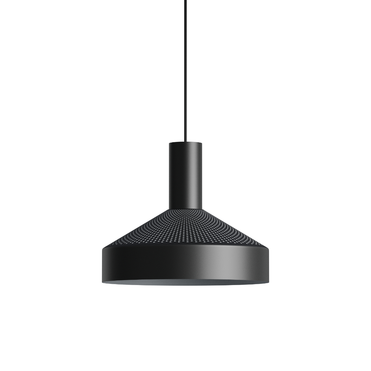 Black Dawn Pendant Ø25 with perforated aluminum shade and white inner surface hanging by a wire