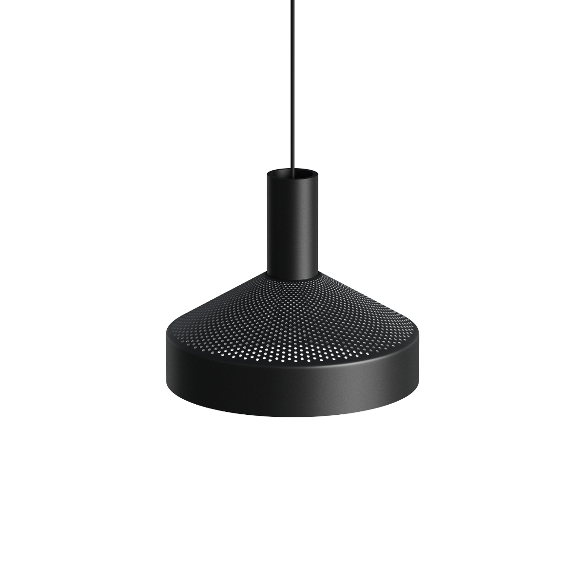 Black Dawn Pendant Ø25 with perforated aluminum shade and built-in light source hanging indoors