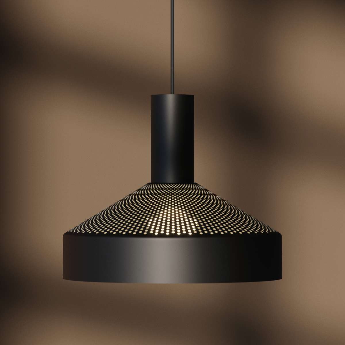 Black Dawn Pendant Ø25 with perforated aluminum shade hanging indoors