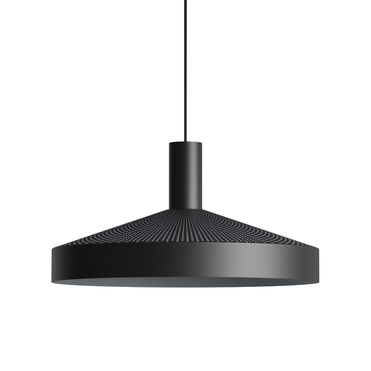 Black Dawn Pendant Ø40 with perforated aluminum shade and white inner surface hanging indoors