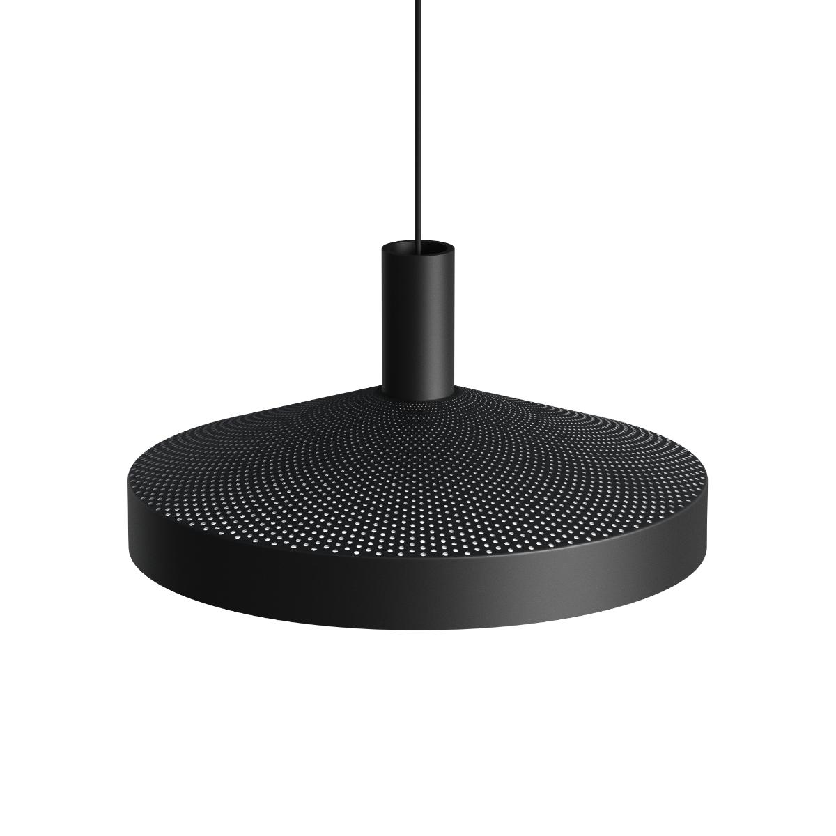 Black Dawn Pendant Ø40 with perforated top and white inner shade hanging indoors