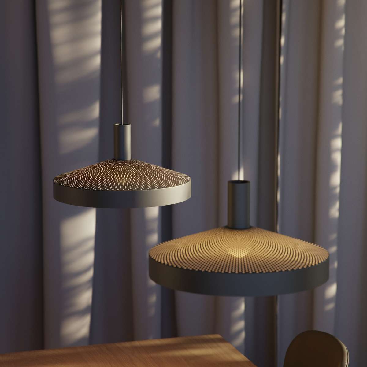 Black Dawn Pendant Ø40 indoor aluminum lamp with perforated top and white inner shade hanging on black wire
