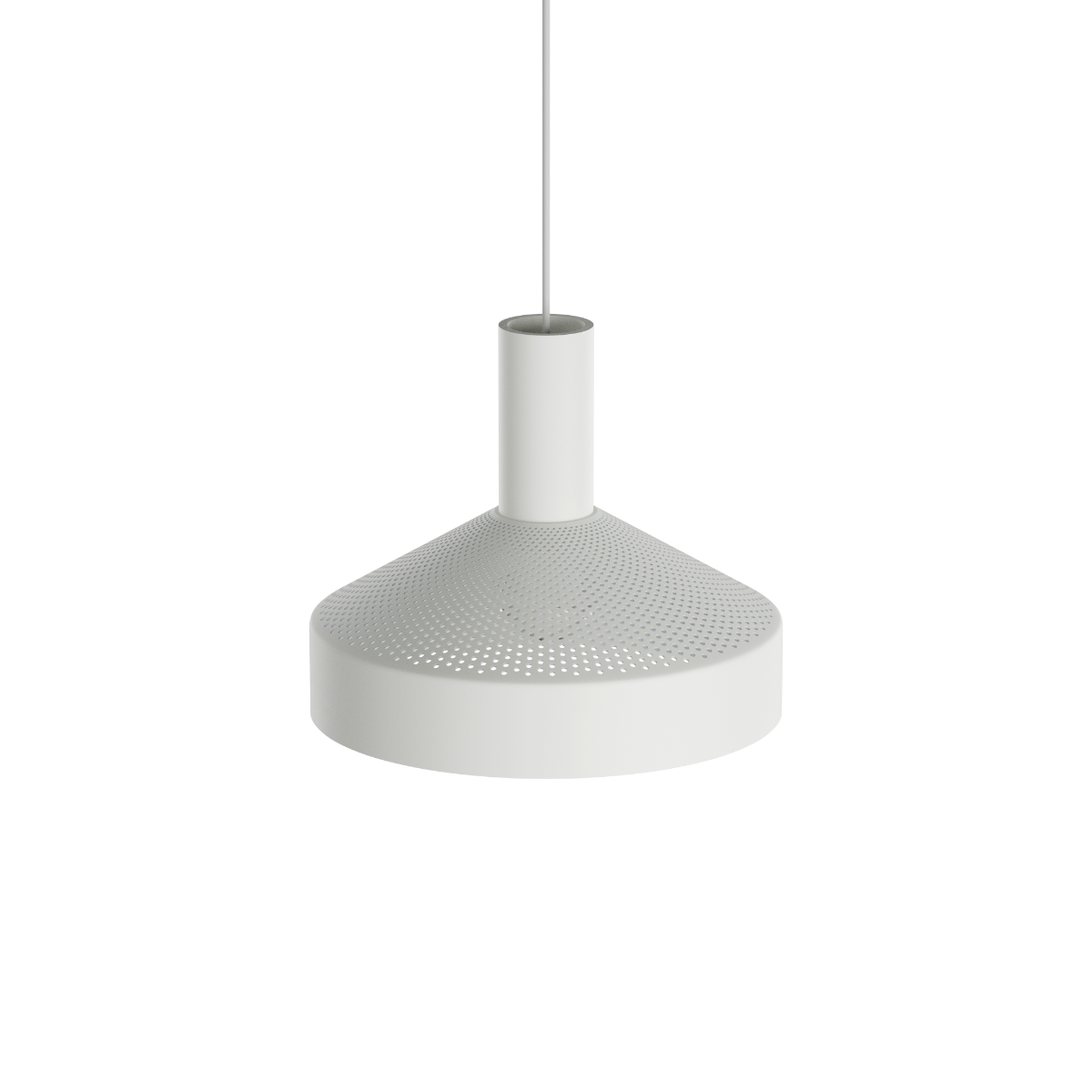 White Dawn Pendant Ø25 with perforated aluminum shade and white inner surface hanging indoors