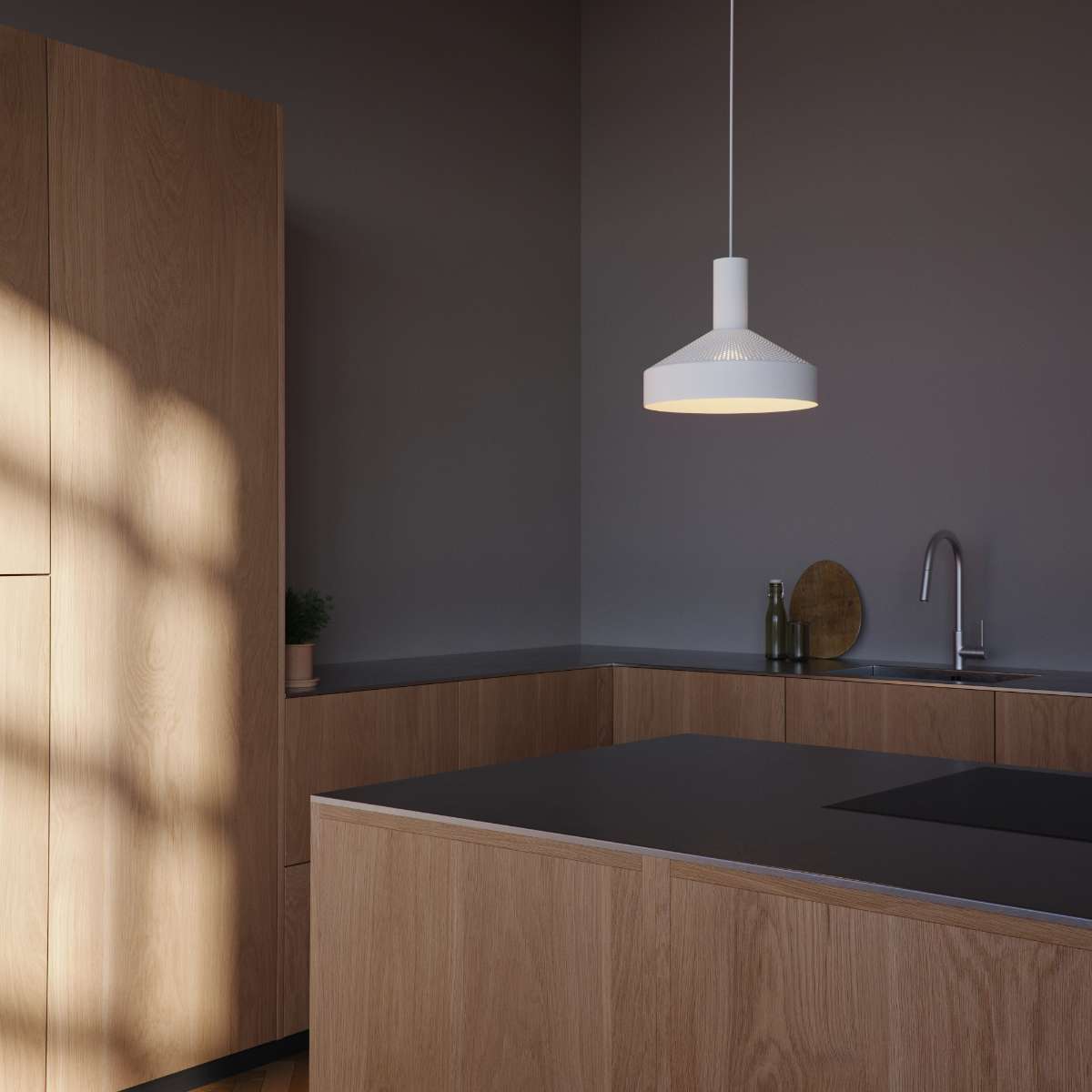 White Dawn Pendant Ø25 aluminum lamp with perforated top and white inner shade hanging indoors