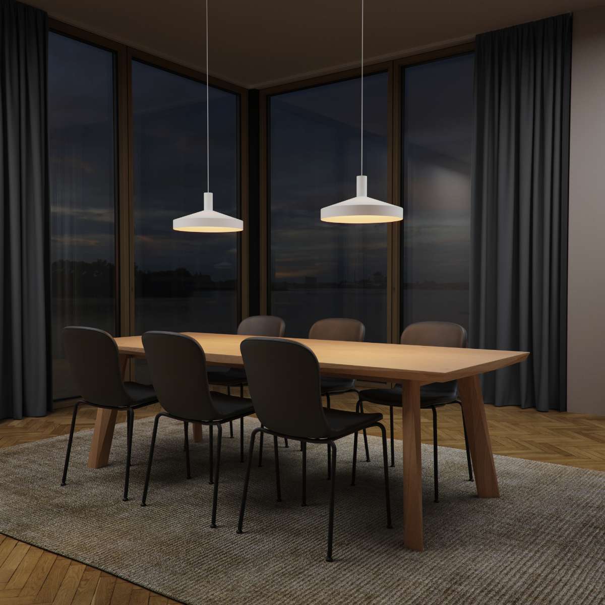 White Dawn Pendant Ø40 with perforated aluminum shade hanging indoors with soft lighting