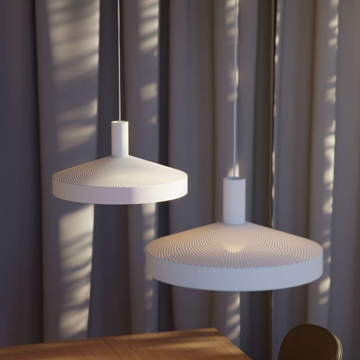 White Dawn Pendant Ø40 with perforated top and kinked edge hanging indoors