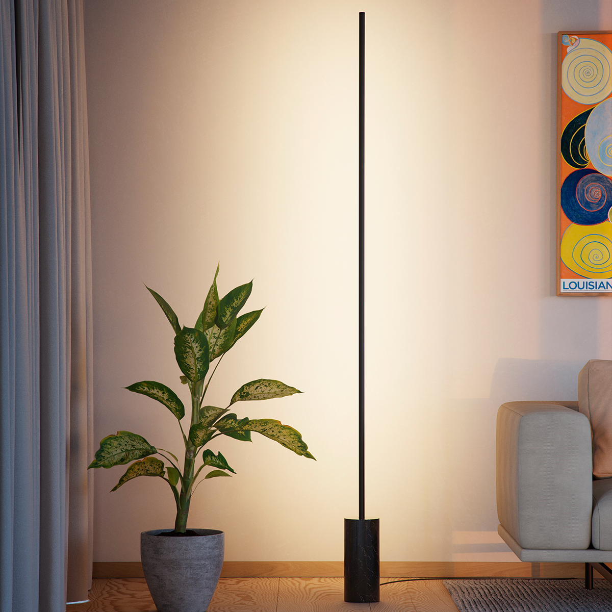 Black SACKit Expo 185 floor lamp with slim aluminum profile and marble base emitting soft upward light