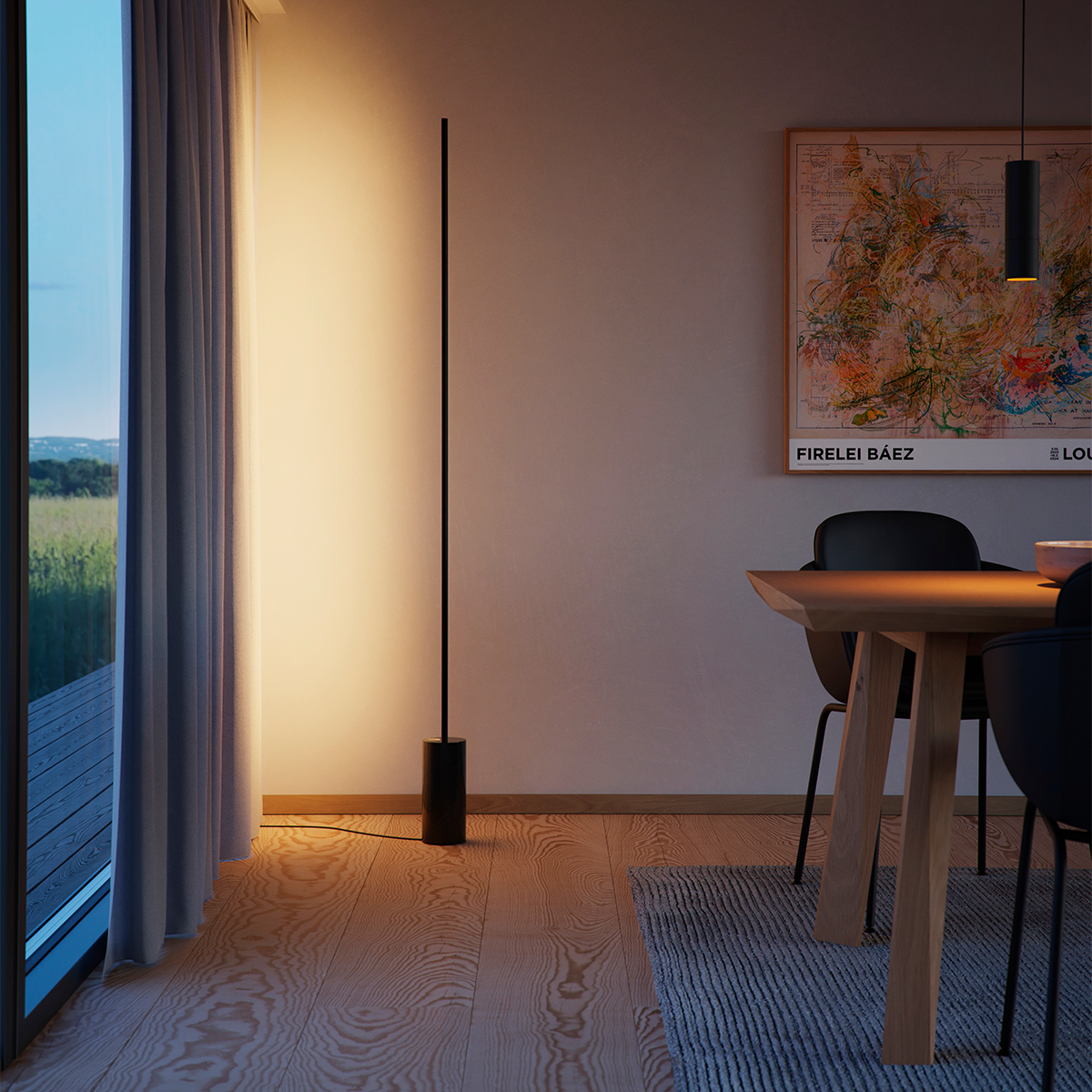 Black SACKit Expo 185 floor lamp with slim aluminum profile and marble base, vertical frosted LED strip light.