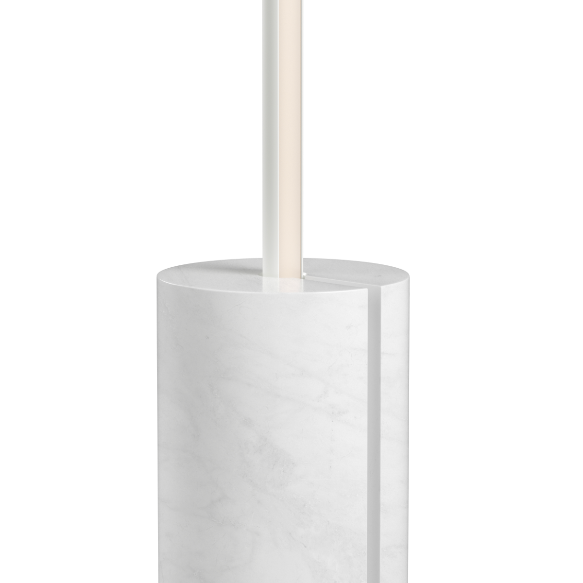 White SACKit Expo 185 floor lamp with slim aluminum profile and marble base emitting soft upward light