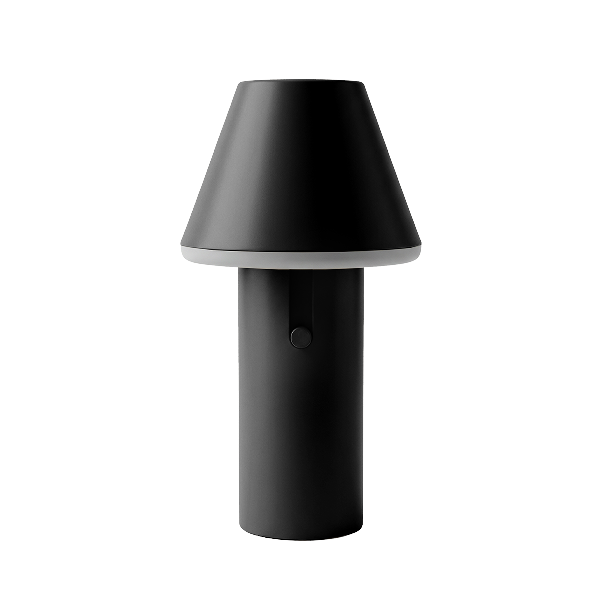 Black Cone cordless table lamp by sackit with a sleek powder coated aluminium body and softly diffused light for indoor and outdoor use