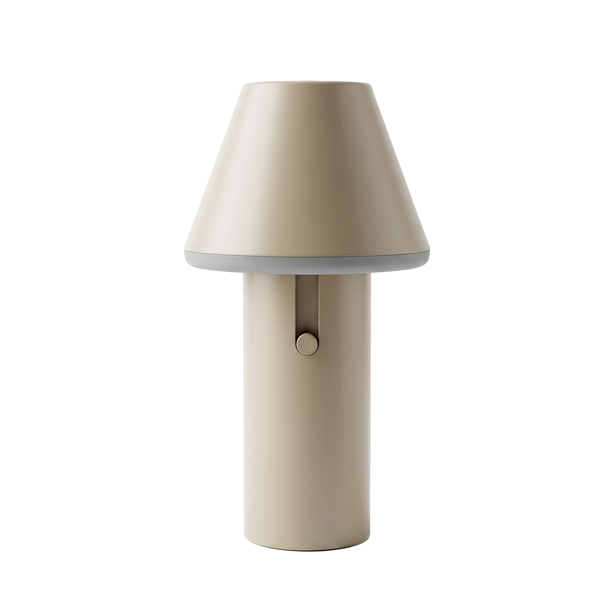 Beige cordless table lamp with a conical shade and cylindrical body by sackit for indoor and outdoor use