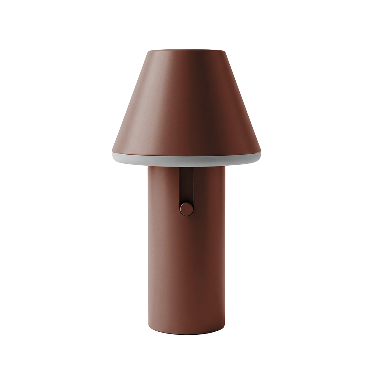 Brown Cone cordless table lamp by sackit with a powder coated aluminium body and softly diffusing shade for indoor and outdoor use