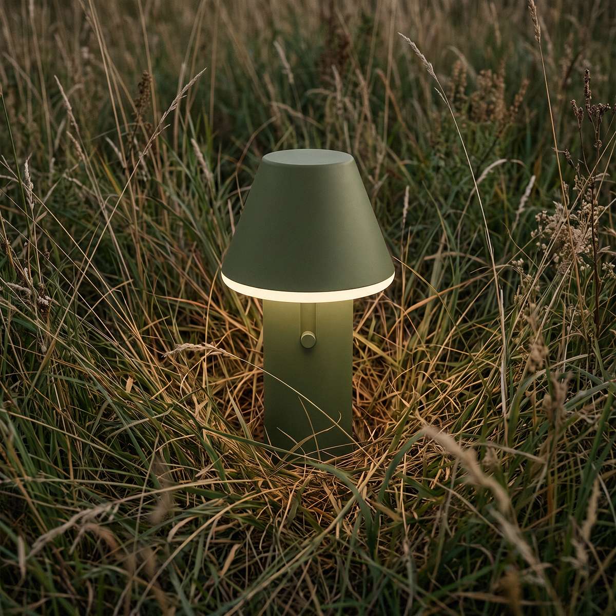 Cone cordless outdoor table lamp by sackit glowing softly in tall grass with a weather resistant olive green aluminium shade