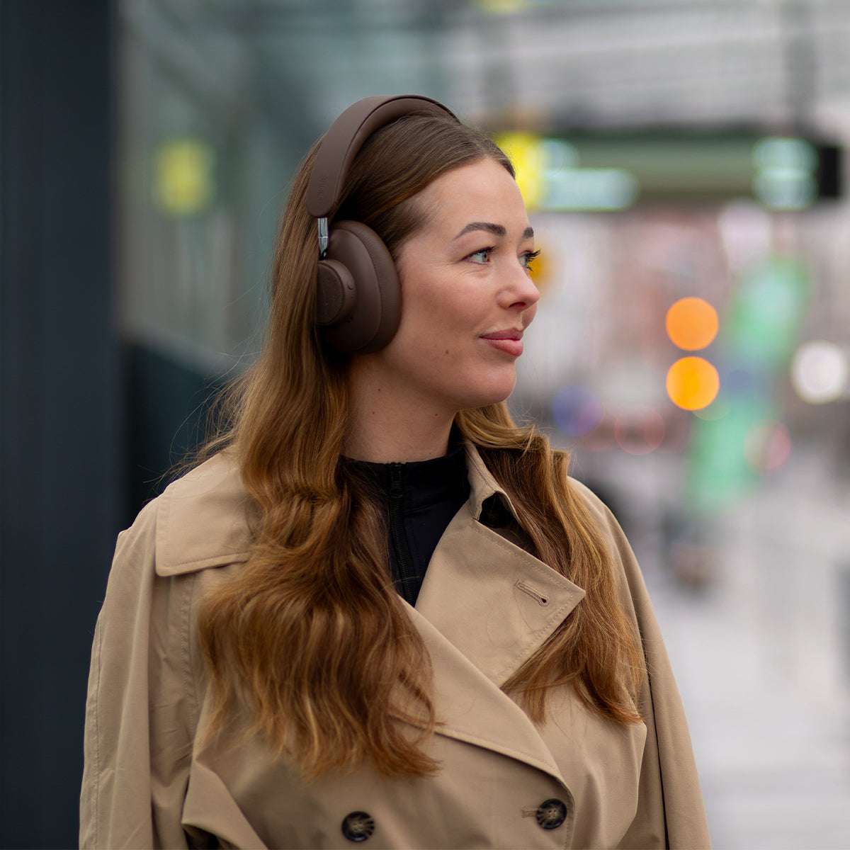 Brown Touch 310 over-ear headphones with PU leather and polyester textile, USB-C charging cable visible