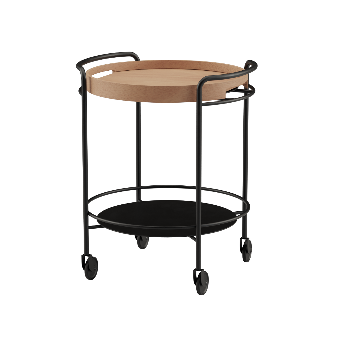 Serving Table with black steel frame and natural oak round serving tray on top