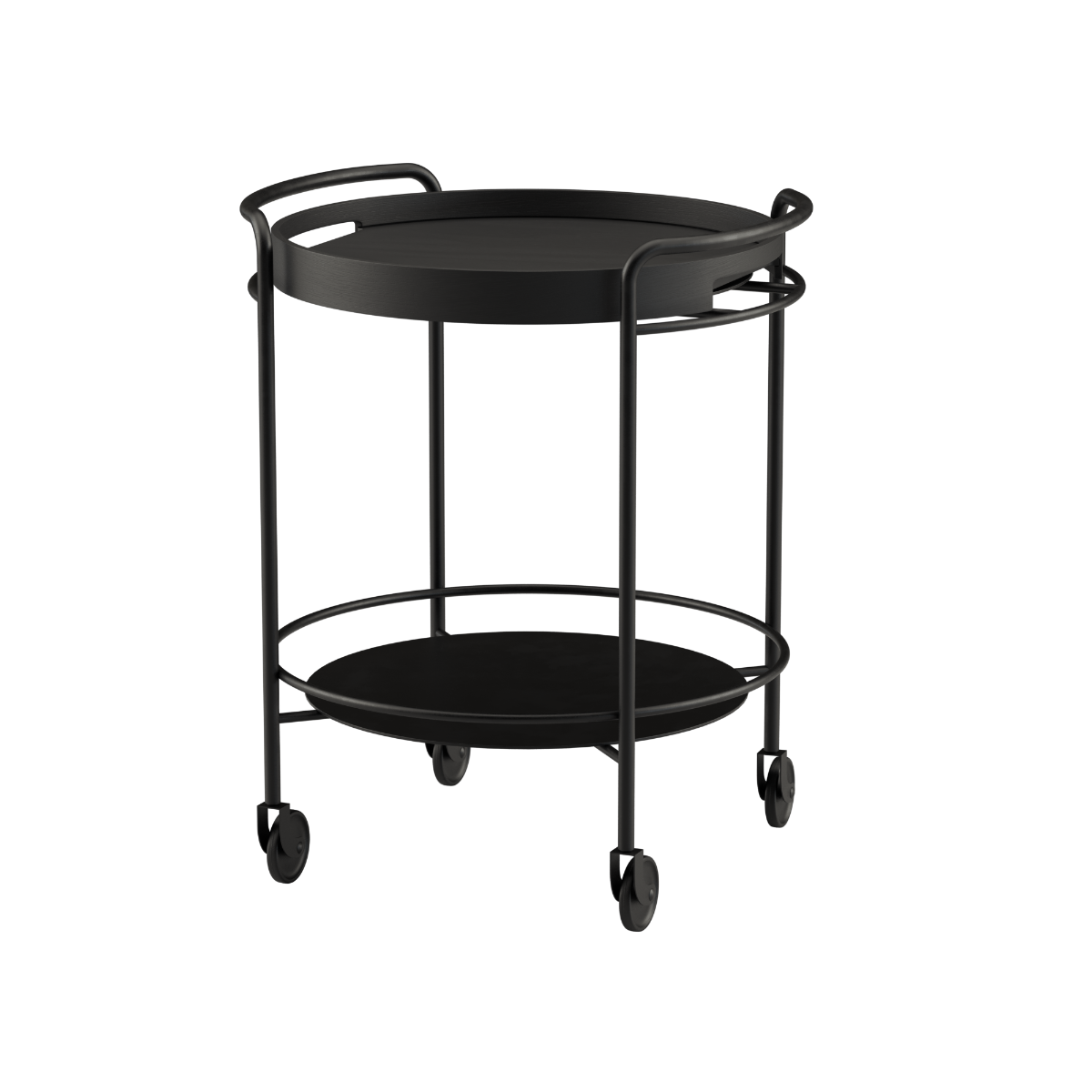 Serving Table with black lacquered steel frame and black stained oak round serving tray on top