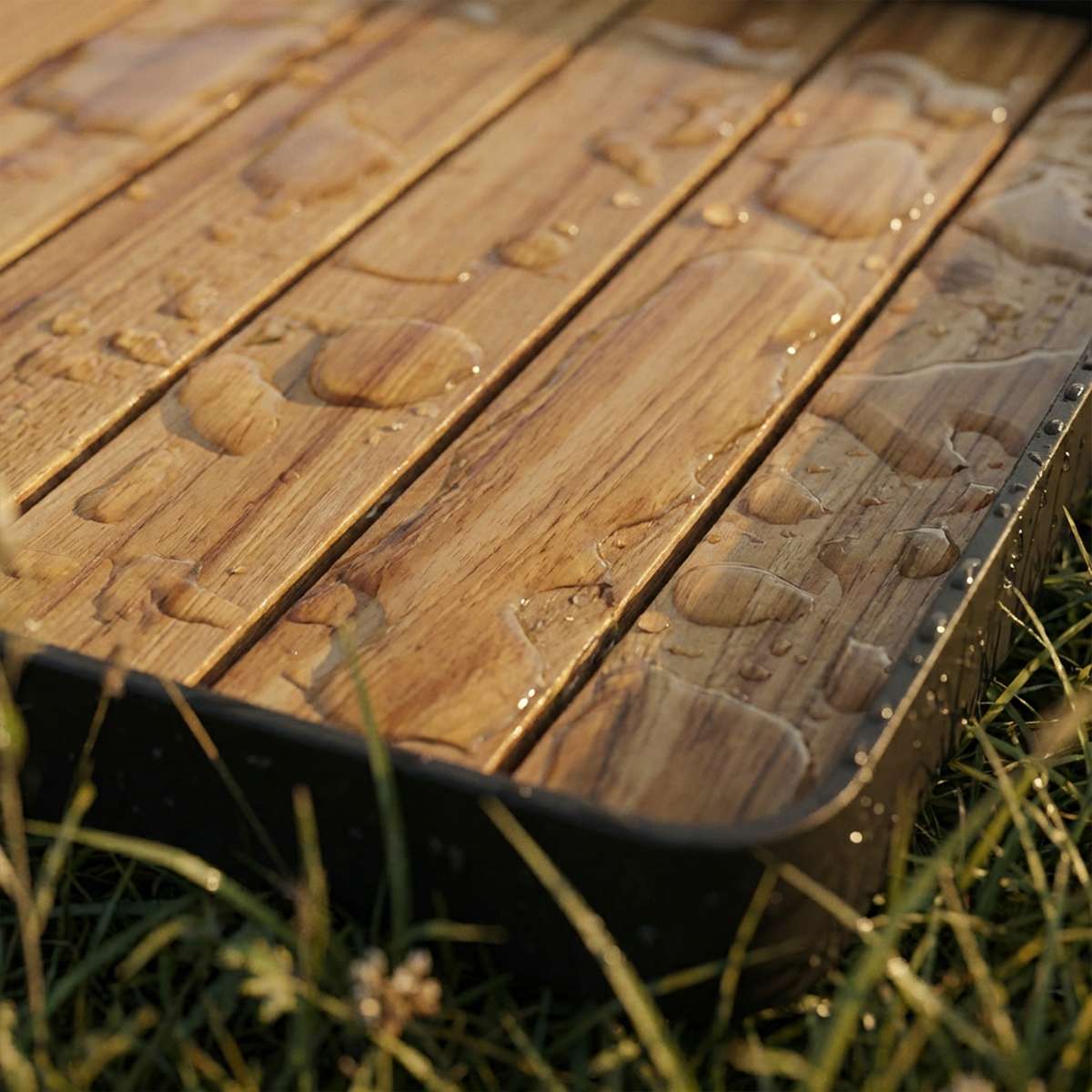 Square teak wood outdoor tray with black powder-coated aluminum frame designed for Soft Sofa Outdoor Pouf