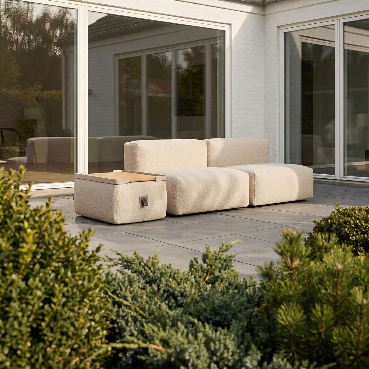 Square taupe teak and aluminum outdoor tray designed for Soft Sofa Outdoor Pouf on a patio setting