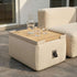 Square taupe teak and aluminum outdoor tray designed for Soft Sofa Outdoor Pouf on a patio setting