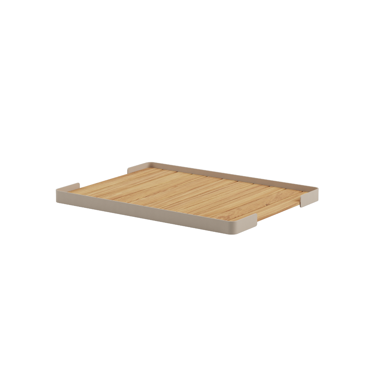 Square taupe teak and aluminum outdoor tray designed for Soft Sofa Outdoor Pouf.