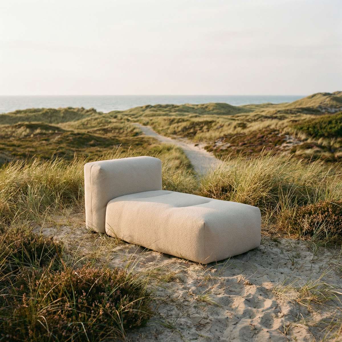 Outdoor lounger from Soft Sofa with light beige boucle fabric and soft cushions.