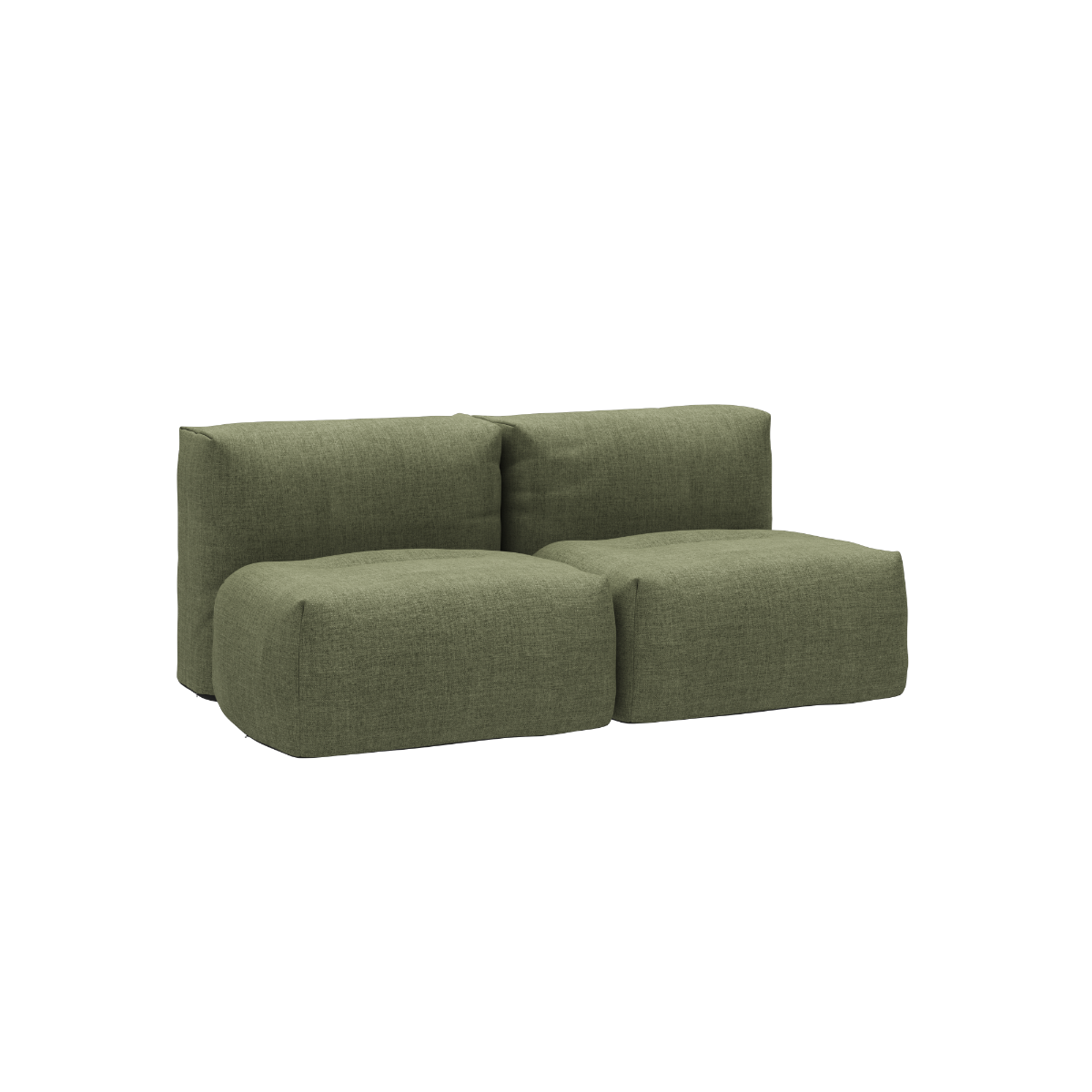Soft Sofa Outdoor 2-seater in Kirra Olive fabric with soft, rounded cushions and low backrest.