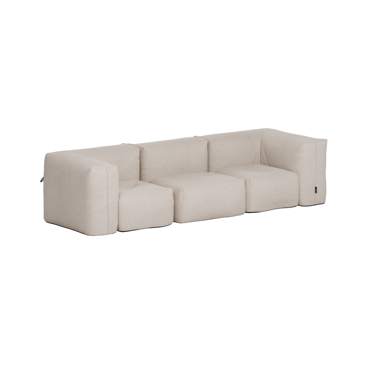 Soft beige three seat outdoor sofa with deep cushions and rounded arms designed for comfortable Nordic outdoor living by sackit