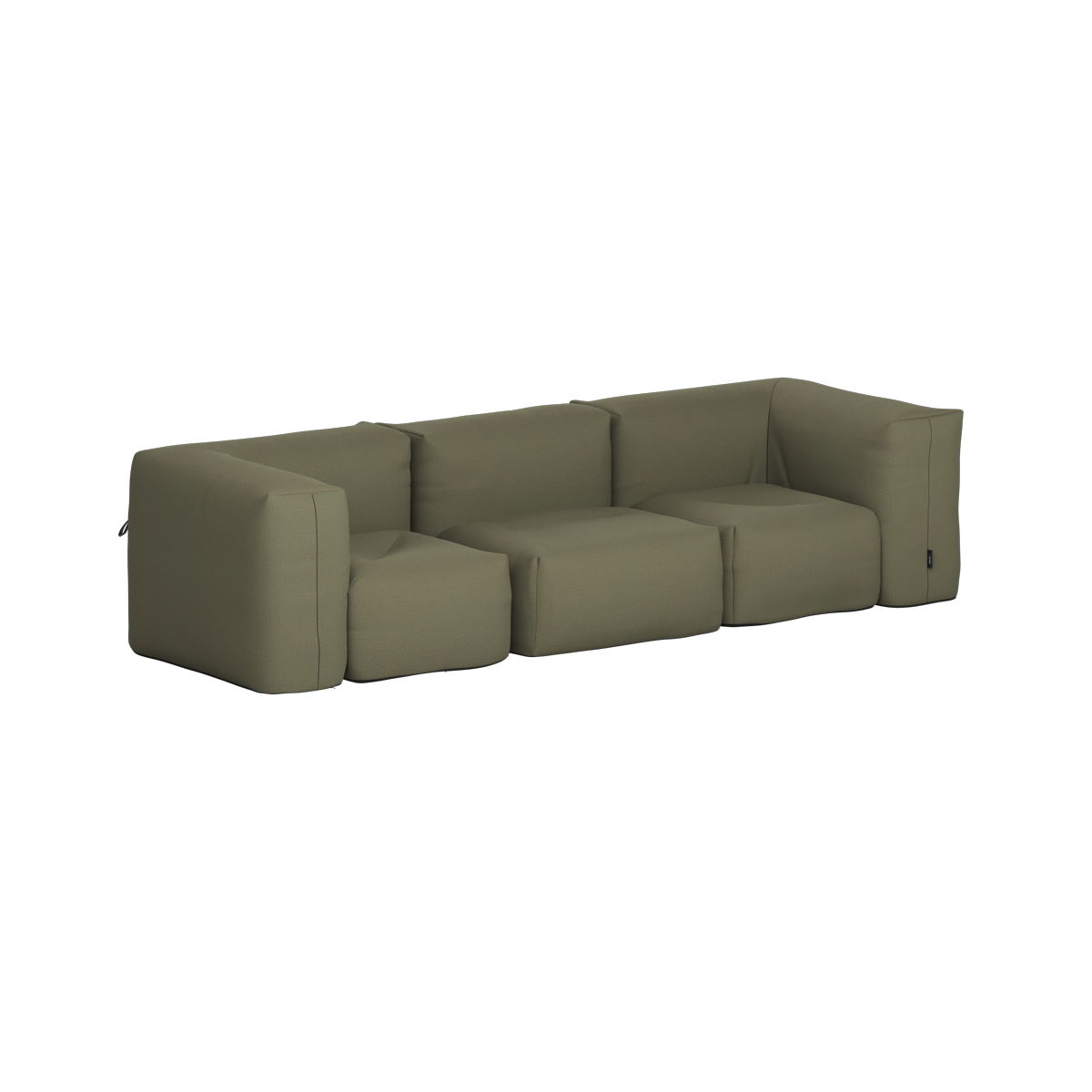 Olive green three seat outdoor sofa with deep cushions and rounded armrests on a black background from sackit
