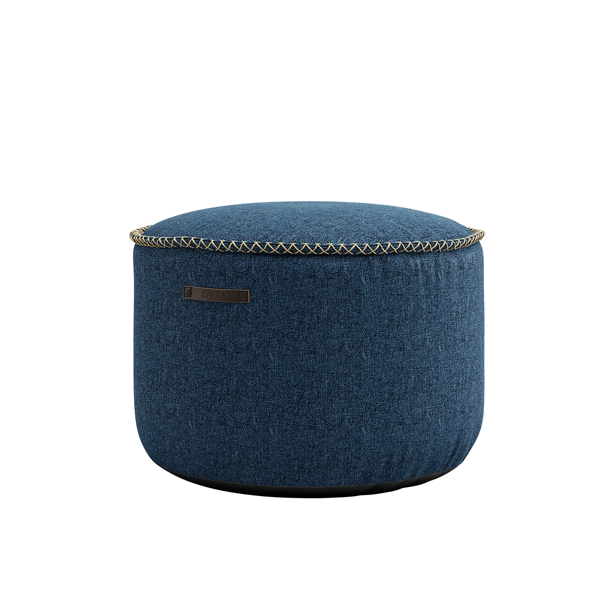 Round Medley Pouf in denim blue fabric with hand-sewn linen stitches, soft and durable.