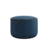 Round Medley Pouf in denim blue fabric with hand-sewn linen stitches, soft and durable.