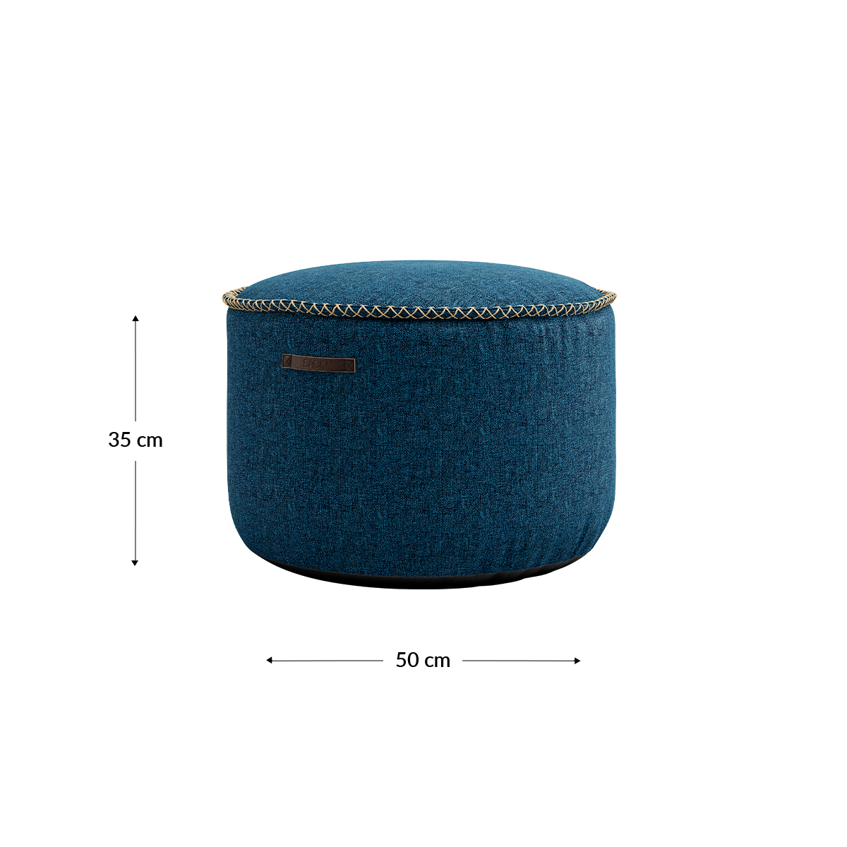 Round Medley Pouf in denim blue fabric with soft texture and hand-sewn linen stitches