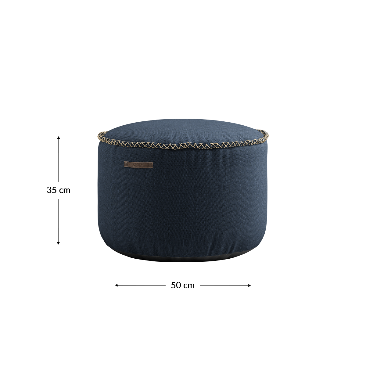 Round Cura Pouf in dark blue recycled polyester fabric with hand-sewn linen stitches.