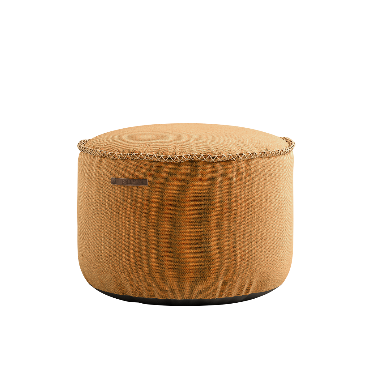 Round Cura Pouf in warm curry color with soft fabric and hand-sewn stitches.