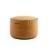 Round Cura Pouf in warm curry color with soft fabric and hand-sewn stitches.