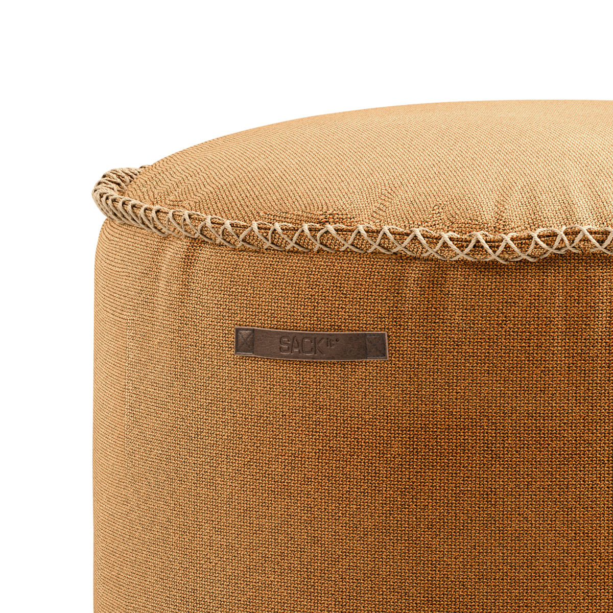 Round Cura Pouf in dark blue recycled polyester fabric with hand-sewn linen stitches.